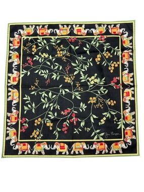 Jim Thompson Thai Silk Elephant Floral Scarf Black Green 15.5”